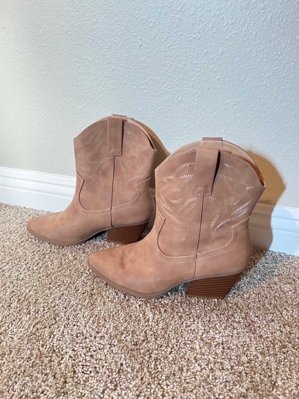 Soda Pinkish Tan Suede Western Ankle Boots